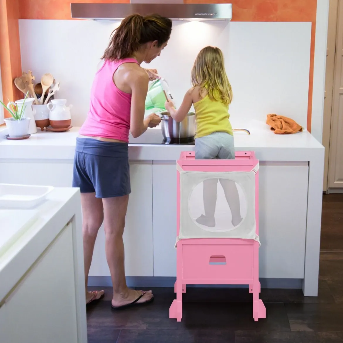 Kinder Tritthocker mit 2-stufig verstellbarer Höhe & Sicherheitsnetz für Kinder ab 18 Monate Rosa