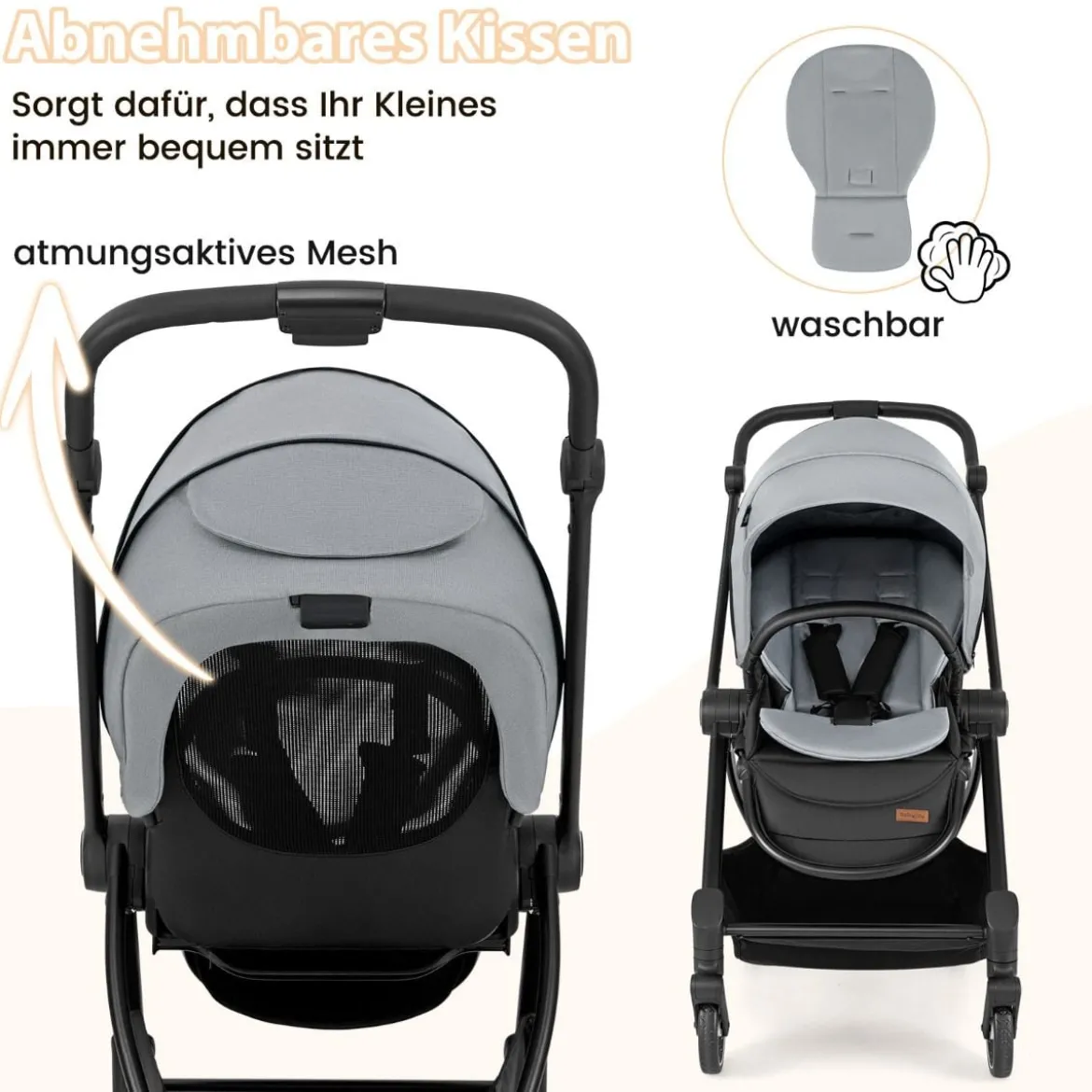 Kinderwagen faltbar mit umkehrbarem Sitz Reisebuggy mit verstellbarer Rückenlehne Grau/Schwarz