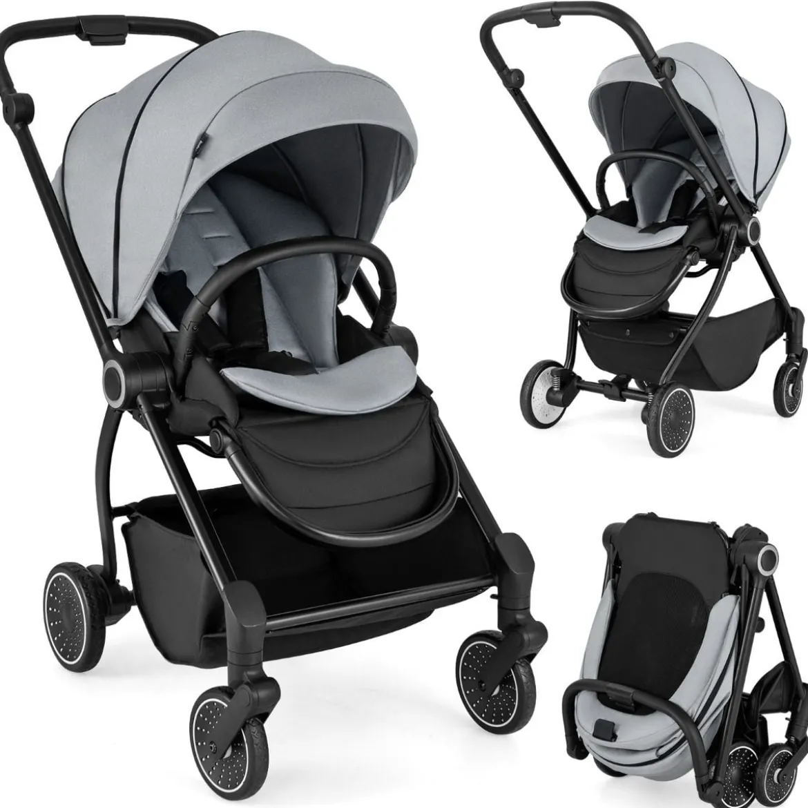 Kinderwagen faltbar mit umkehrbarem Sitz Reisebuggy mit verstellbarer Rückenlehne Grau/Schwarz