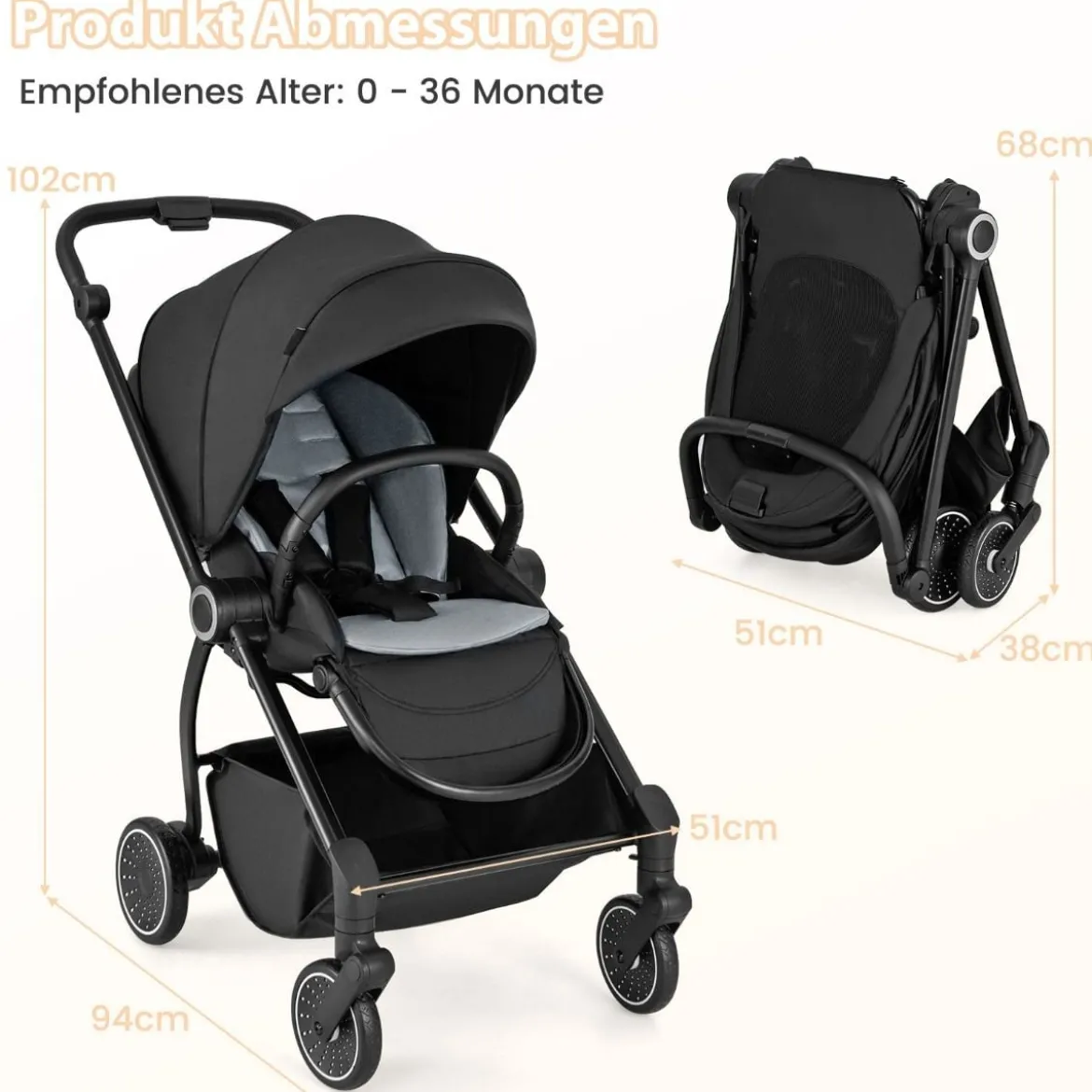 Kinderwagen faltbar mit umkehrbarem Sitz Reisebuggy mit verstellbarer Rückenlehne Grau/Schwarz