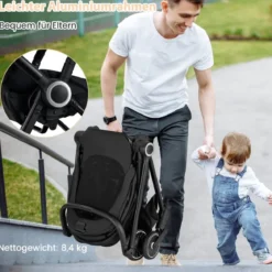 Kinderwagen faltbar mit umkehrbarem Sitz Reisebuggy mit verstellbarer Rückenlehne Grau/Schwarz