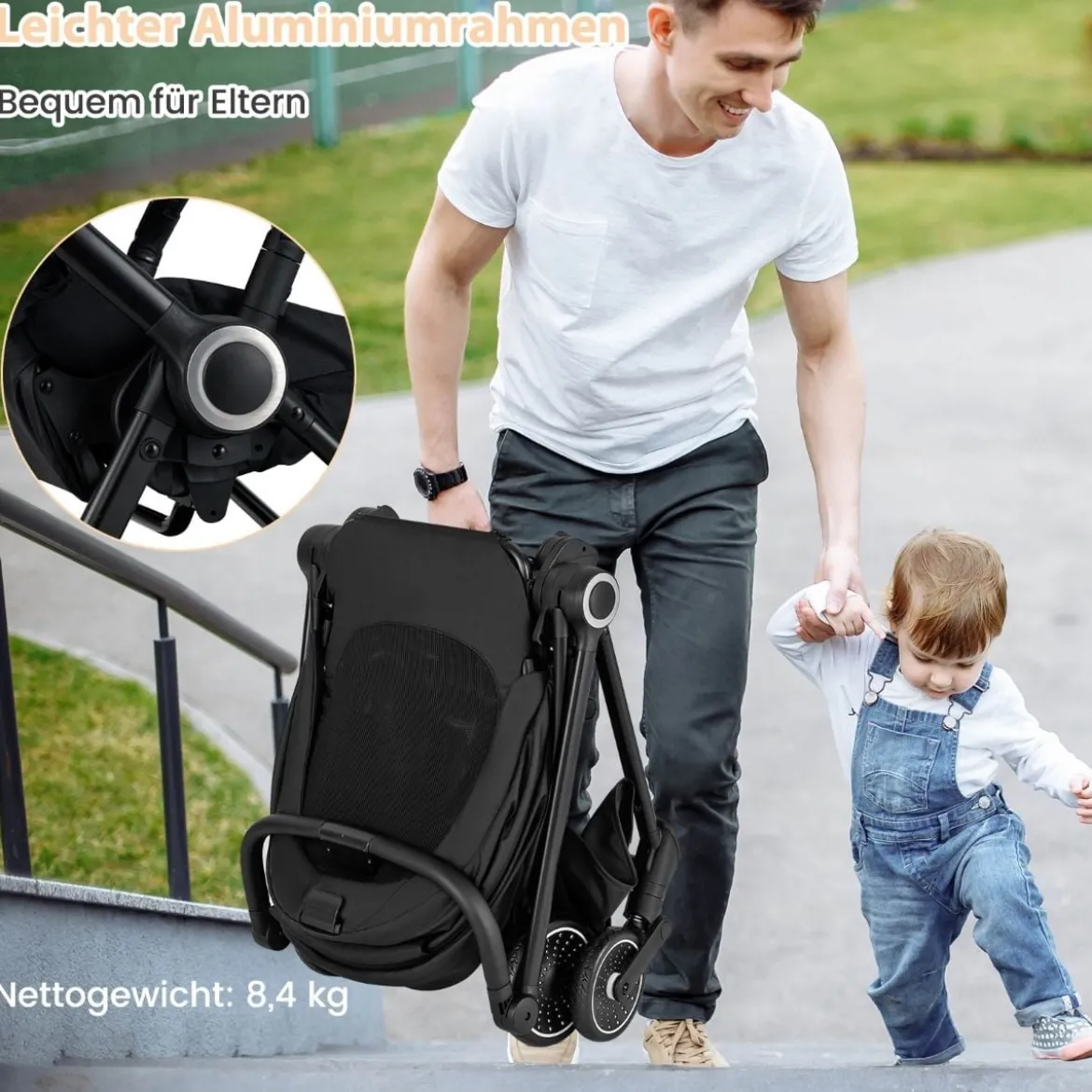 Kinderwagen faltbar mit umkehrbarem Sitz Reisebuggy mit verstellbarer Rückenlehne Grau/Schwarz