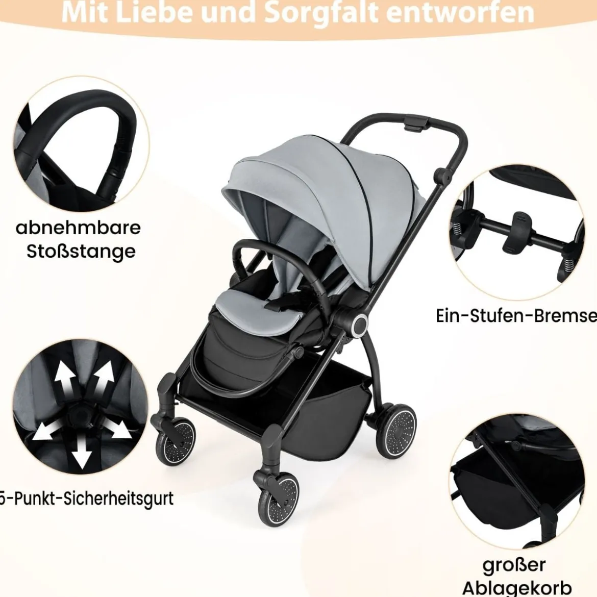 Kinderwagen faltbar mit umkehrbarem Sitz Reisebuggy mit verstellbarer Rückenlehne Grau/Schwarz