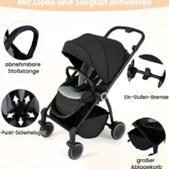 Kinderwagen faltbar mit umkehrbarem Sitz Reisebuggy mit verstellbarer Rückenlehne Grau/Schwarz