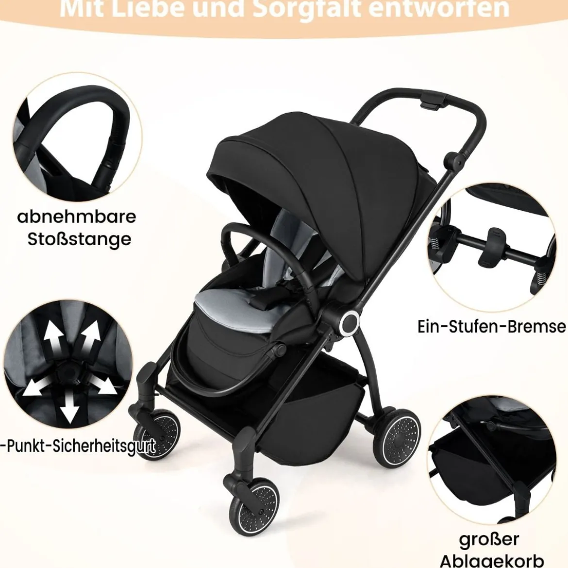 Kinderwagen faltbar mit umkehrbarem Sitz Reisebuggy mit verstellbarer Rückenlehne Grau/Schwarz