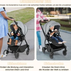 Kinderwagen faltbar mit umkehrbarem Sitz Reisebuggy mit verstellbarer Rückenlehne Grau/Schwarz