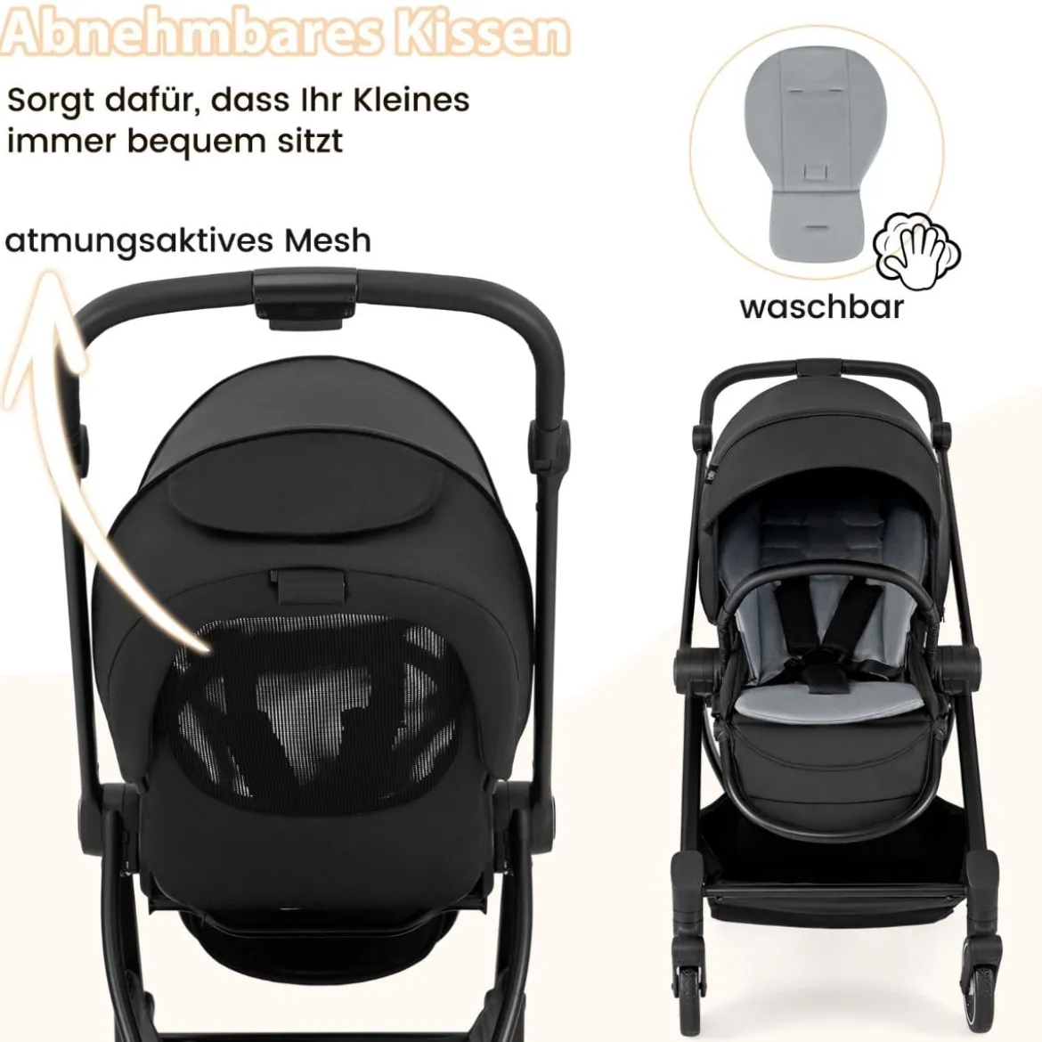 Kinderwagen faltbar mit umkehrbarem Sitz Reisebuggy mit verstellbarer Rückenlehne Grau/Schwarz