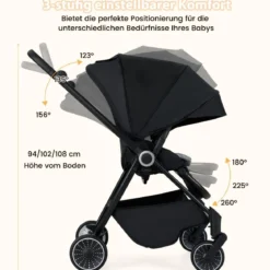 Kinderwagen faltbar mit umkehrbarem Sitz Reisebuggy mit verstellbarer Rückenlehne Grau/Schwarz