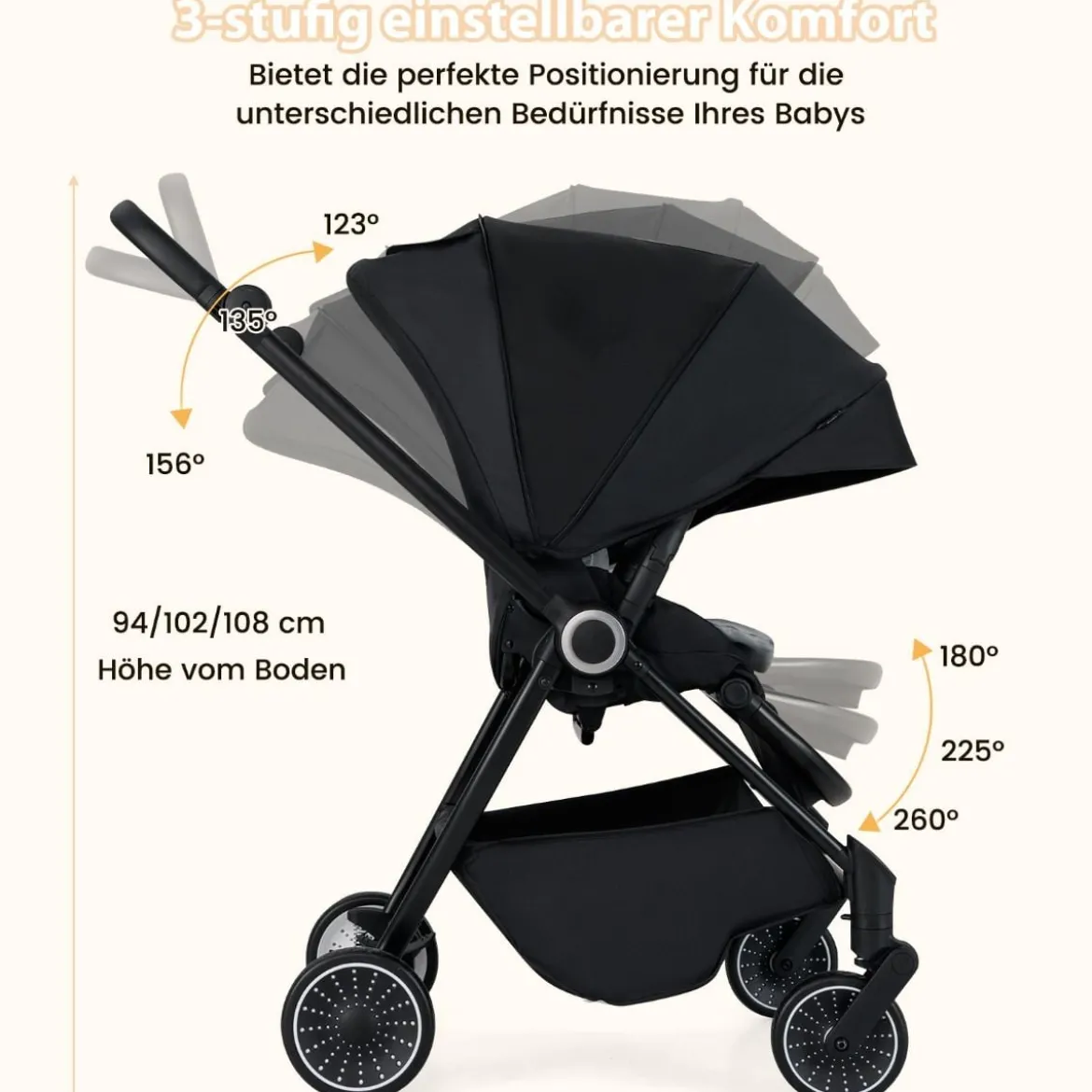 Kinderwagen faltbar mit umkehrbarem Sitz Reisebuggy mit verstellbarer Rückenlehne Grau/Schwarz