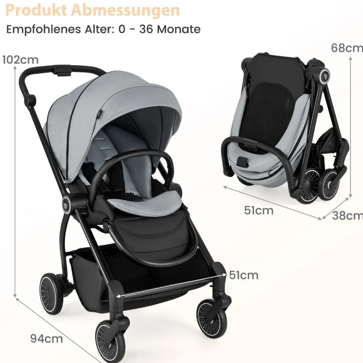 Kinderwagen faltbar mit umkehrbarem Sitz Reisebuggy mit verstellbarer Rückenlehne Grau/Schwarz