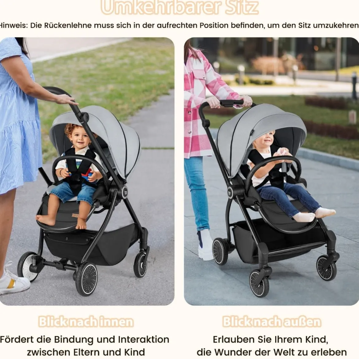 Kinderwagen faltbar mit umkehrbarem Sitz Reisebuggy mit verstellbarer Rückenlehne Grau/Schwarz
