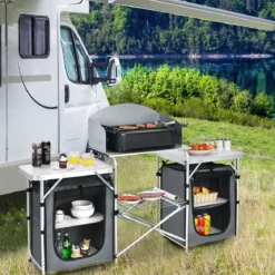 Klappbare Campingküche mit Tragetasche Alu Reiseküche Campingschrank Zeltschrank Grau