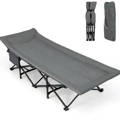 Klappbare Campingliege mit Seitentasche Feldbett bis 200 kg Belastbar Gästebett Grau