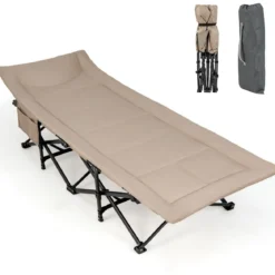 Klappbare Campingliege mit Seitentasche Feldbett bis 200 kg Belastbar Gästebett Khaki