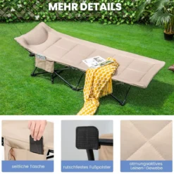 Klappbare Campingliege mit Seitentasche Feldbett bis 200 kg Belastbar Gästebett Khaki