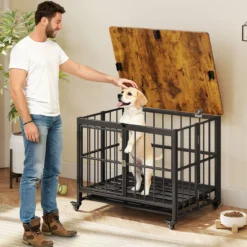 Klappbare Hundehütte mit Rollen & Ausnehmbarem Tablett & Abschließbarer Tür 2 in 1 Beistelltisch Hundebox