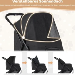 Klappbare Hundewagen bis 25 kg mit Verstellbarem Sonnendach 3 Rad Hundebuggy Schwarz