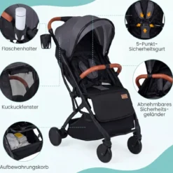 Klappbare Kinderwagen mit Regenschutz & Verstellbarem Rückenlehne & Fußstütze Reisebuggy Grau