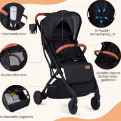 Klappbare Kinderwagen mit Regenschutz & Verstellbarem Rückenlehne & Verdeck Reisebuggy Schwarz