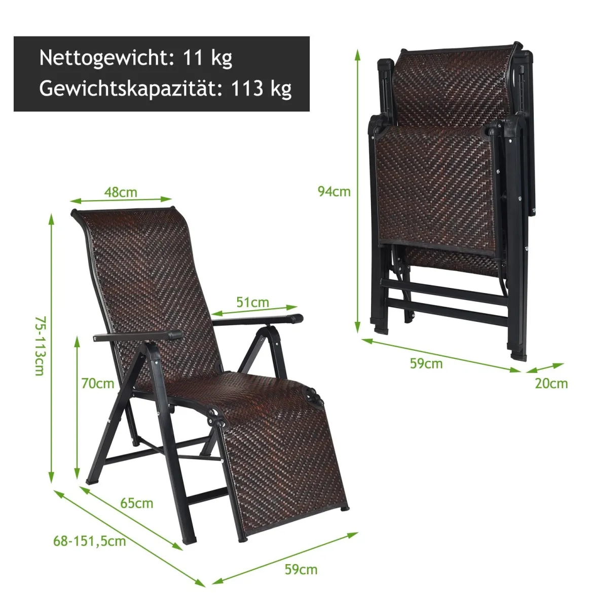 2 klappbare Rattan-Stühle Tragbare Stühle mit verstellbaren Lehnen mit breiter Armlehne Braun