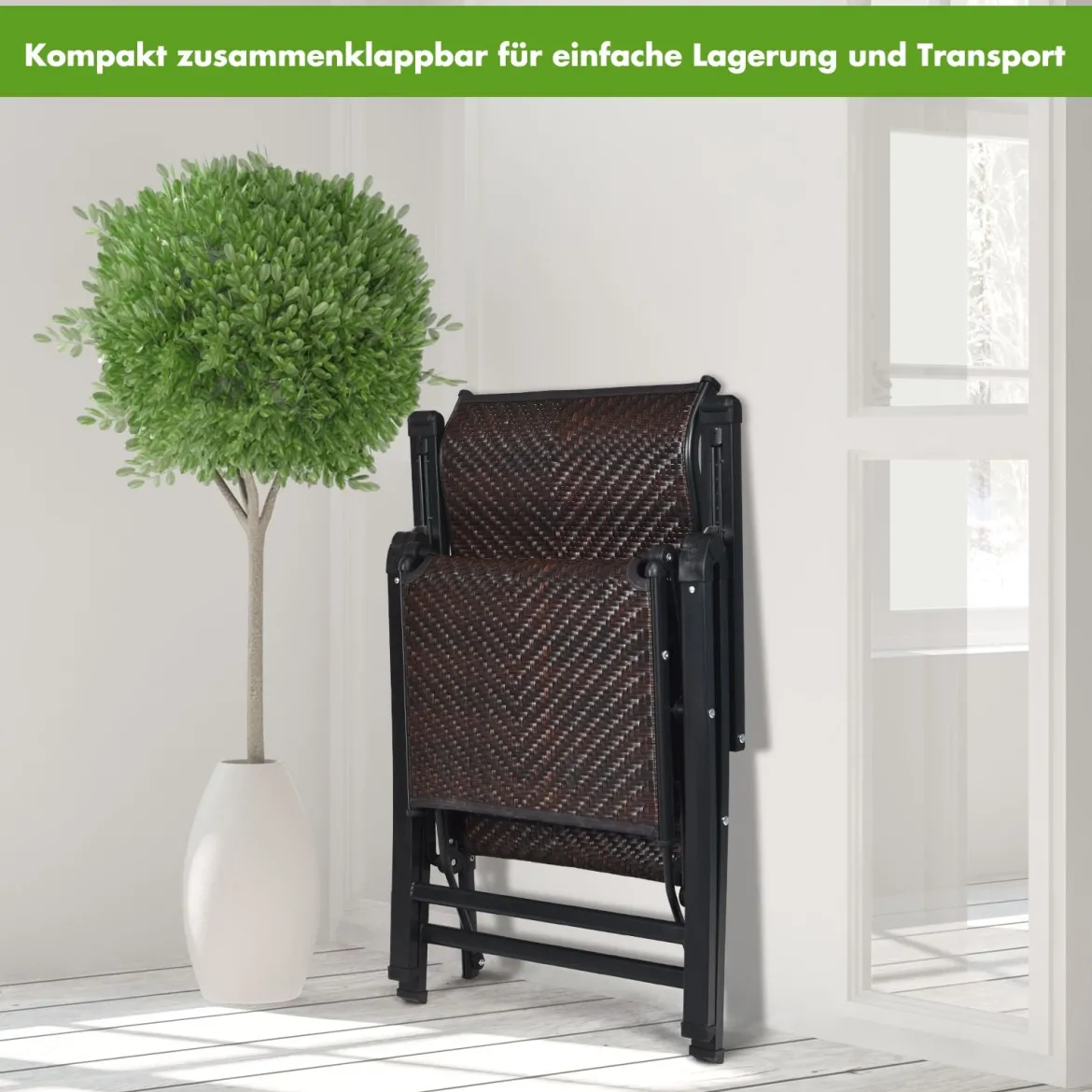 2 klappbare Rattan-Stühle Tragbare Stühle mit verstellbaren Lehnen mit breiter Armlehne Braun