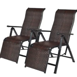 2 klappbare Rattan-Stühle Tragbare Stühle mit verstellbaren Lehnen mit breiter Armlehne Braun