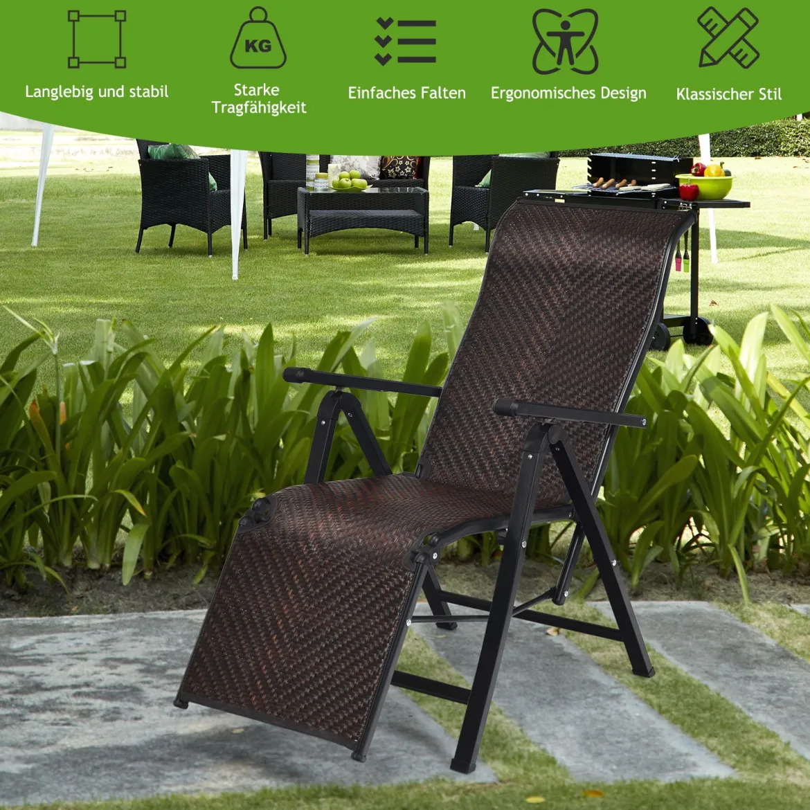 2 klappbare Rattan-Stühle Tragbare Stühle mit verstellbaren Lehnen mit breiter Armlehne Braun