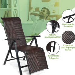 2 klappbare Rattan-Stühle Tragbare Stühle mit verstellbaren Lehnen mit breiter Armlehne Braun