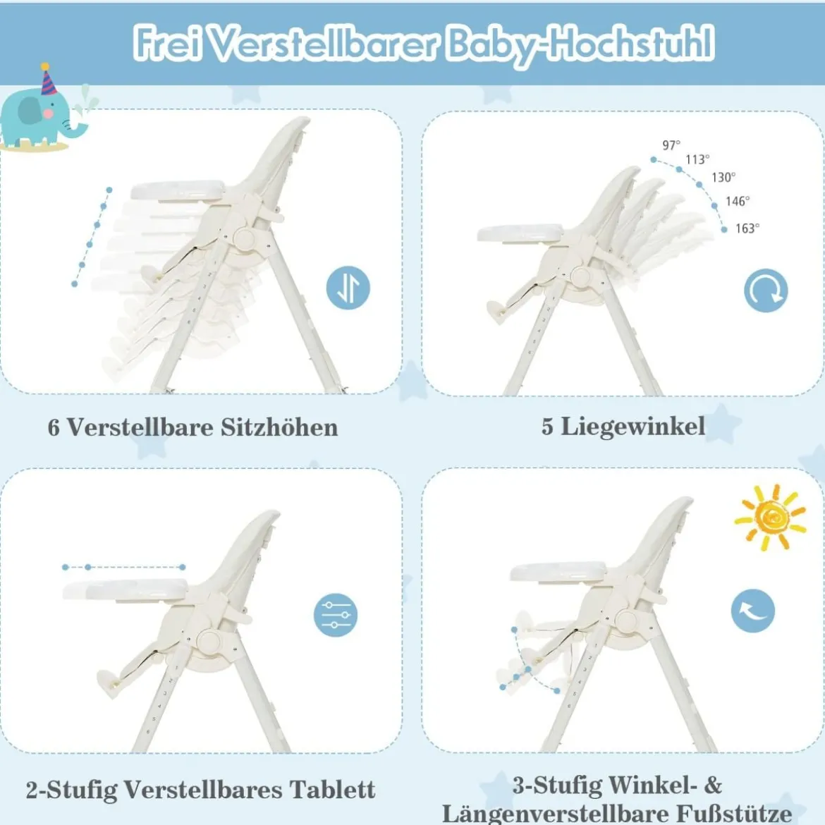 Klappbarer Babyhochstuhl mit 6 Höhen & Abnehmbarem Tablett & PU-Kissen Beige
