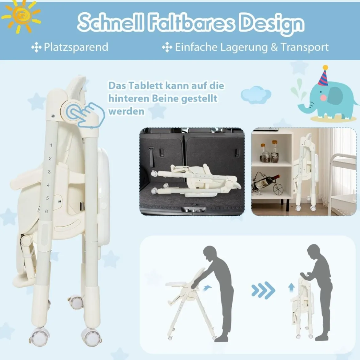 Klappbarer Babyhochstuhl mit 6 Höhen & Abnehmbarem Tablett & PU-Kissen Beige