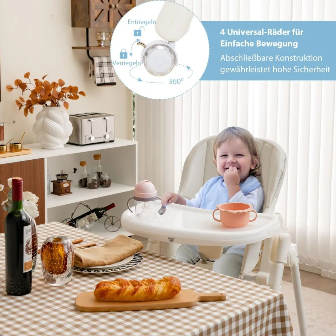 Klappbarer Babyhochstuhl mit 6 Höhen & Abnehmbarem Tablett & PU-Kissen Beige