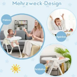 Klappbarer Babyhochstuhl mit 6 Höhen & Abnehmbarem Tablett & PU-Kissen Beige