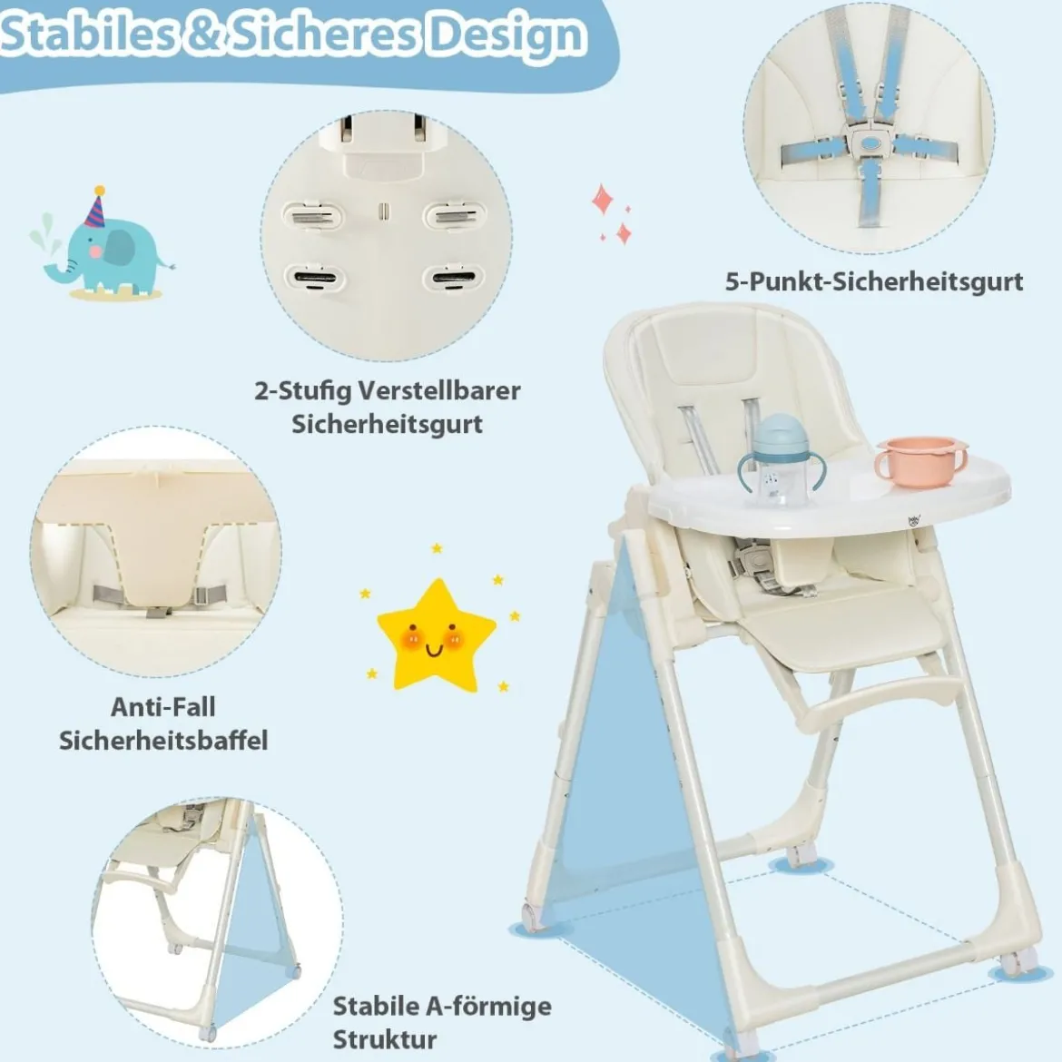 Klappbarer Babyhochstuhl mit 6 Höhen & Abnehmbarem Tablett & PU-Kissen Beige