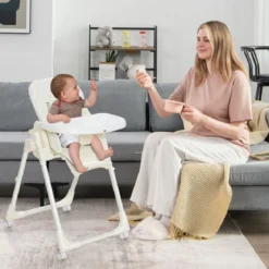 Klappbarer Babyhochstuhl mit 6 Höhen & Abnehmbarem Tablett & PU-Kissen Beige