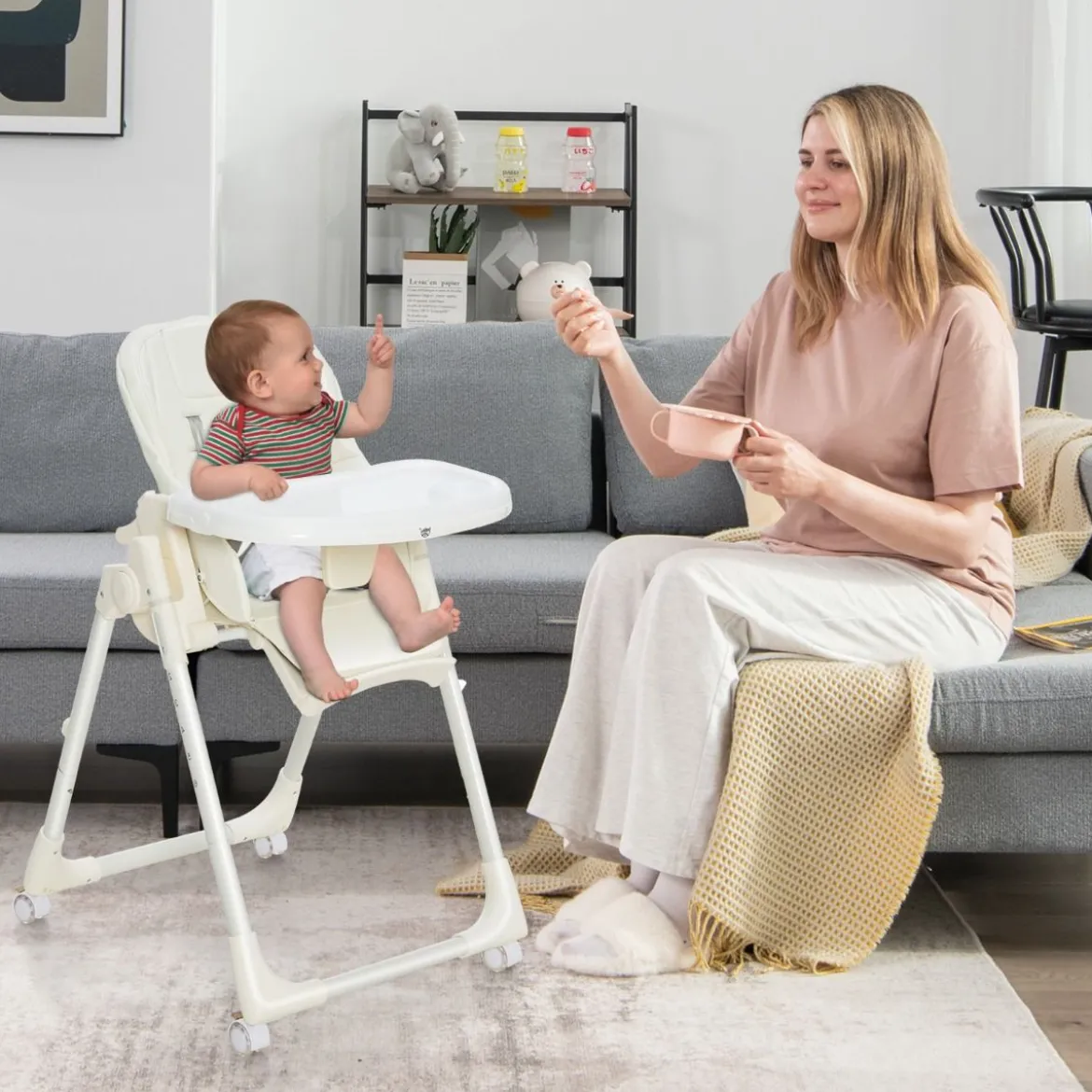 Klappbarer Babyhochstuhl mit 6 Höhen & Abnehmbarem Tablett & PU-Kissen Beige