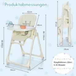 Klappbarer Babyhochstuhl mit 6 Höhen & Abnehmbarem Tablett & PU-Kissen Beige