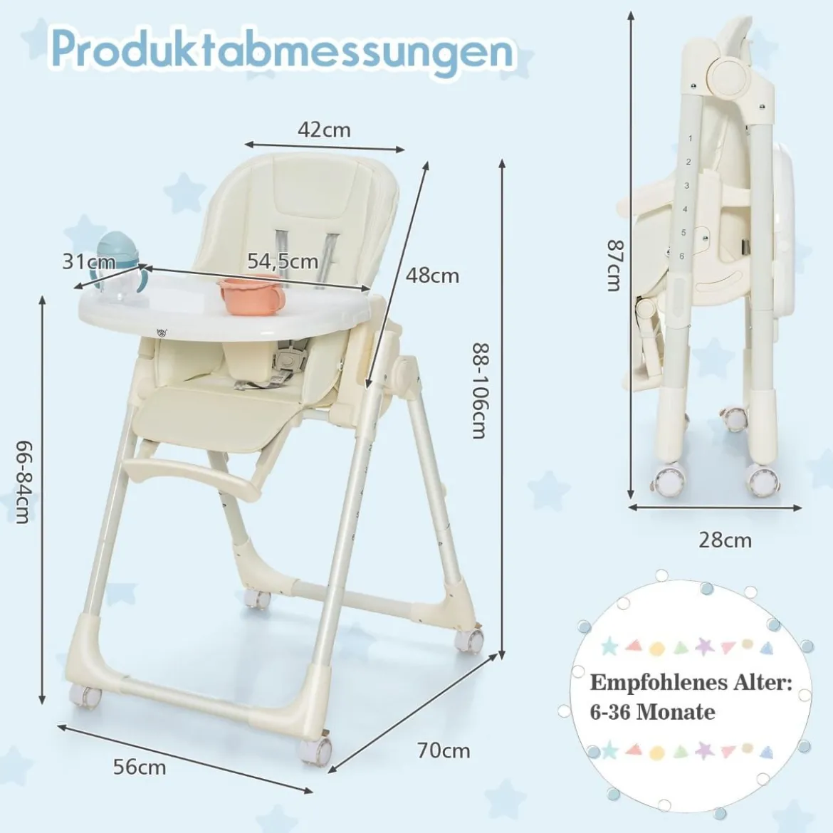 Klappbarer Babyhochstuhl mit 6 Höhen & Abnehmbarem Tablett & PU-Kissen Beige
