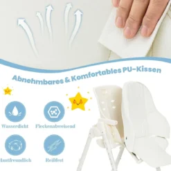 Klappbarer Babyhochstuhl mit 6 Höhen & Abnehmbarem Tablett & PU-Kissen Beige