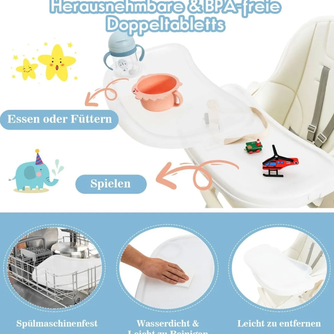 Klappbarer Babyhochstuhl mit 6 Höhen & Abnehmbarem Tablett & PU-Kissen Beige