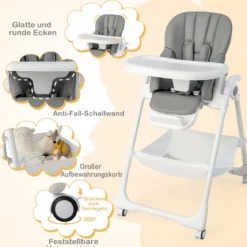 Klappbarer Babyhochstuhl mit Aufbewahrungskorb & Verstellbarer Höhen & 5-Punkt-Gurt Grau