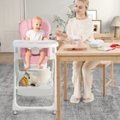 Klappbarer Babyhochstuhl mit Aufbewahrungskorb & Verstellbarer Höhen & 5 Punkt Gurt Rosa