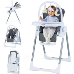 Klappbarer Baby Hochstuhl mit Liegefunktion & Verstellbarer Rückenlehne Babystuhl Dunkelgrau