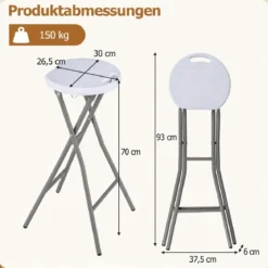 Klappbarer Barhocker mit HDPE Sitzfläche & Integriertem Tragegriff bis 150 kg Belastbar Weiß
