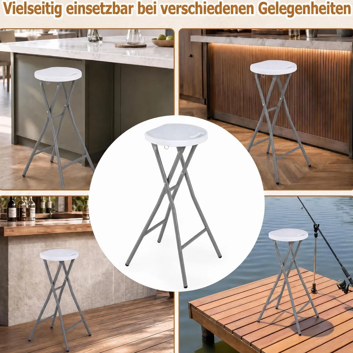 Klappbarer Barhocker mit HDPE Sitzfläche & Integriertem Tragegriff bis 150 kg Belastbar Weiß