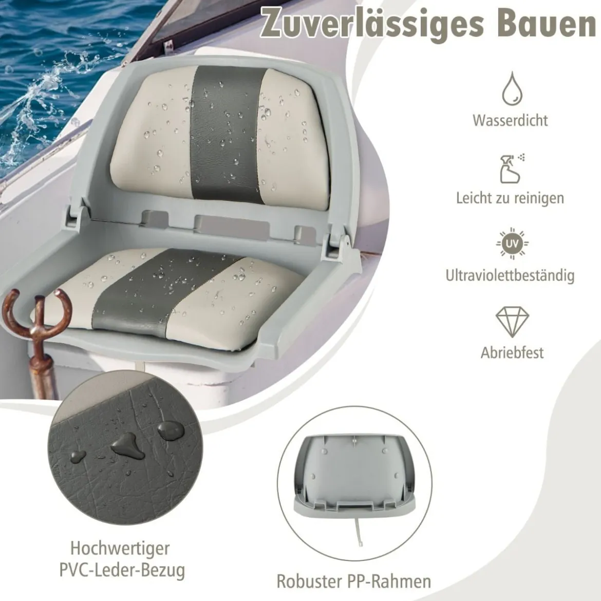 Klappbarer Bootssitz mit Niedriger Rückenlehne Bootsstuhl Gepolsterter Steuerstuhl 57 x 51 x 35 cm