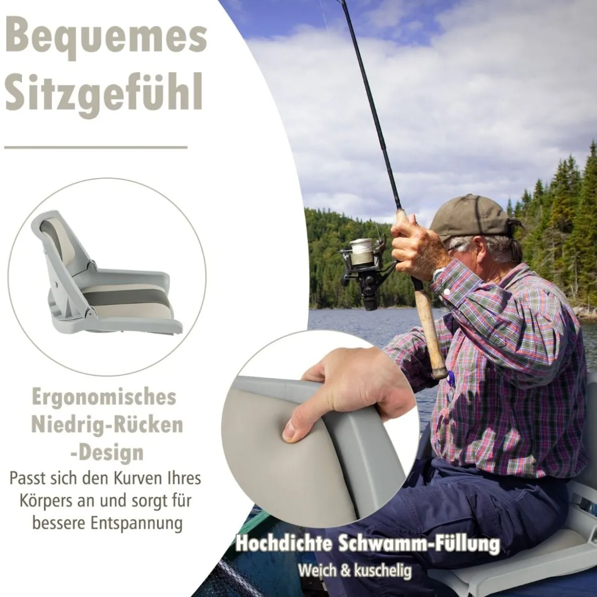 Klappbarer Bootssitz mit Niedriger Rückenlehne Bootsstuhl Gepolsterter Steuerstuhl 57 x 51 x 35 cm