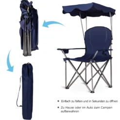 Klappbarer Campingstuhl mit Sonnendach Getränkehalter Tragtasche96,5 x 67,5 x 130 cm Blau