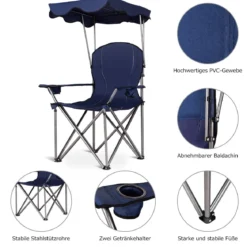Klappbarer Campingstuhl mit Sonnendach Getränkehalter Tragtasche96,5 x 67,5 x 130 cm Blau