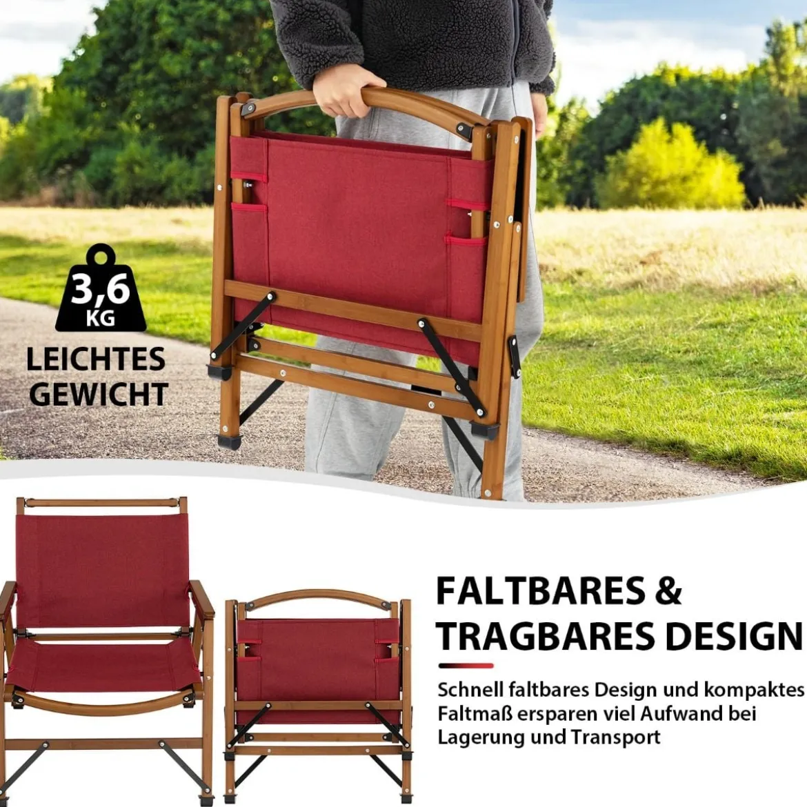Klappbarer Campingstuhl Tragbarer Niedriger Terrassenstuhl 56 x 54,5 x 65 cm Rot