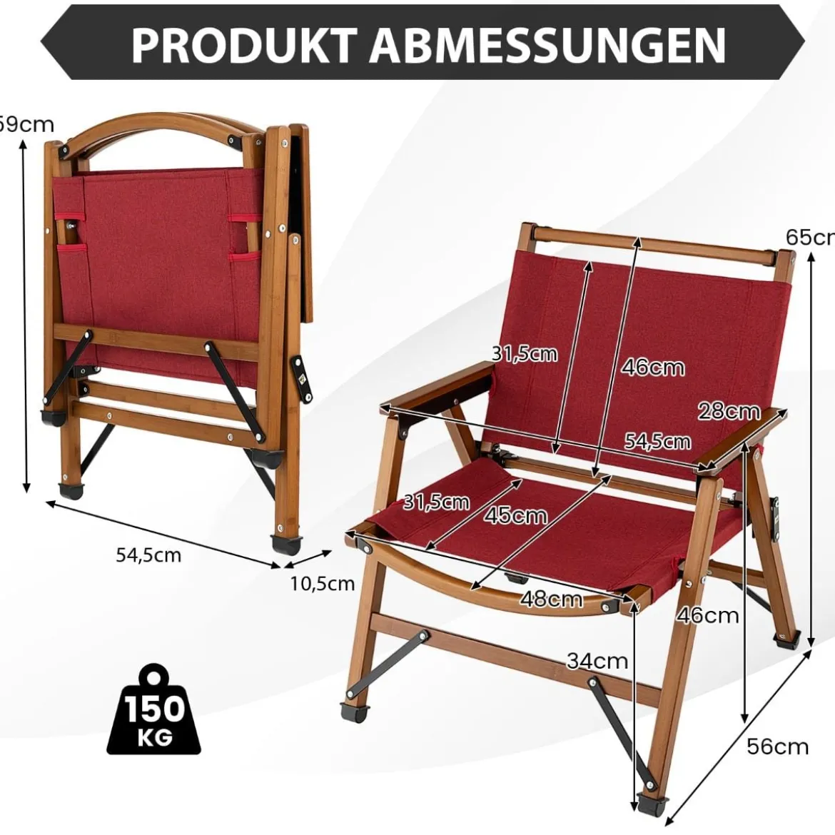 Klappbarer Campingstuhl Tragbarer Niedriger Terrassenstuhl 56 x 54,5 x 65 cm Rot